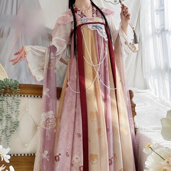 (4pcs) 1 top + 1 dress + 2 shawls, floral cute qixiong modern hanfu set - Picture 1 of 4